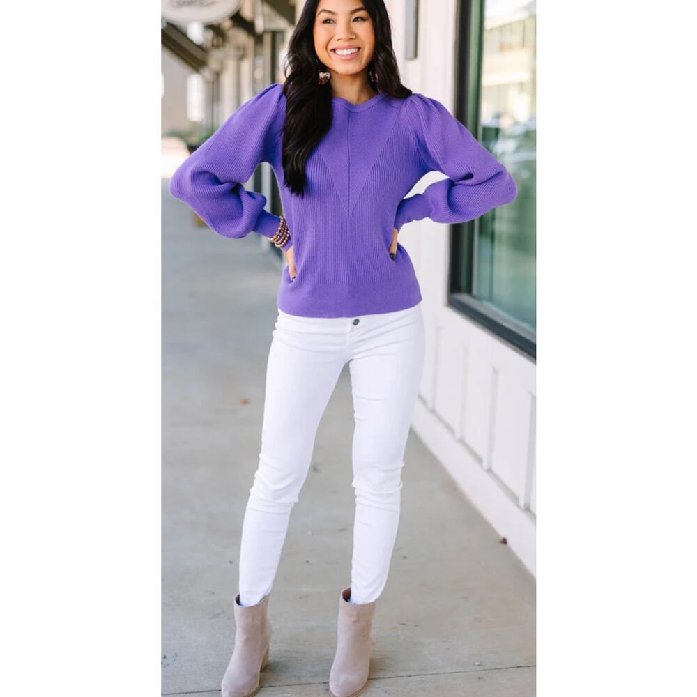BOUTIQUE Seek Happiness Lavender Purple Ribbed Puff Sleeve Sweater Medium